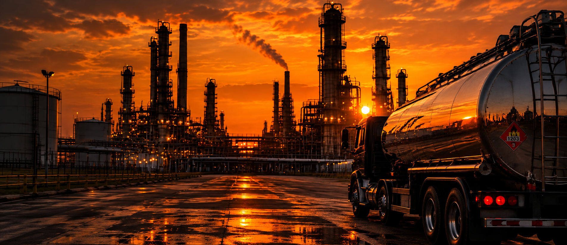 Refinería y autotanque al atardecer